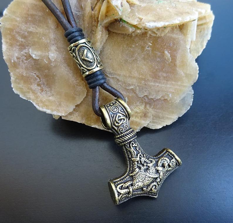 Bronze mjolnir necklace with rune mjolnir necklace with viking rune