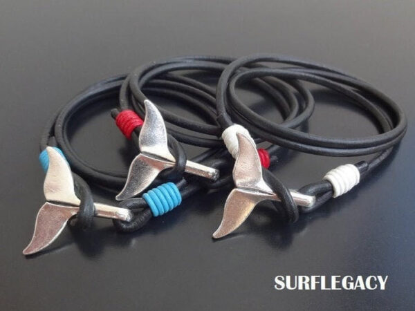 WHALE TAIL LEATHER BRACELET WHITE RED BLUE ACCENTS