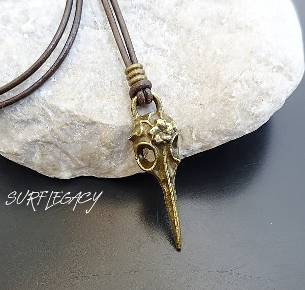 raven skull with rose necklace brown leather 18AA WEBSITE 2 Raven Skull Pendant