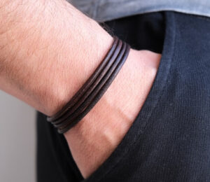 multiwrap leather bracelet with bronze color hook clasp