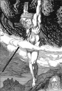 odin hanging from yggdrasil the mighty tree