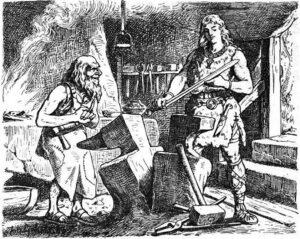 Sigurd examines the sword Gram" (1901) by Johannes Gehrts.