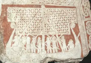 Detail of longship from picture stone 800-1099 Tjängvide, Gotland.