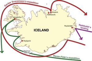 map indicating the travels of the first Scandinavians in Iceland