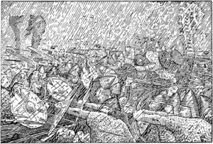 Olav_Tryggvasons_saga Jomsvikings fighting in a hail storm